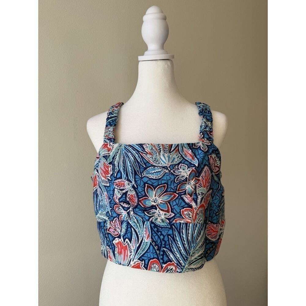 Rachel Zoe Floral Crop Top Womens Sz L Blue Resort Tropical Beachy Boho Vacation